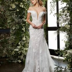 Mermaid Dresses Jovani Bridal JB07266 Long Sheer Lace V Neck Mermaid Wedding Dress Off The Shoulder