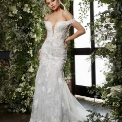 Mermaid Dresses Jovani Bridal JB07266 Long Sheer Lace V Neck Mermaid Wedding Dress Off The Shoulder