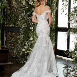 Mermaid Dresses Jovani Bridal JB07266 Long Sheer Lace V Neck Mermaid Wedding Dress Off The Shoulder