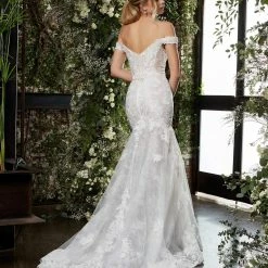 In Stock Jovani Bridal JB07266 Size 2 Long Sheer Lace V Neck Mermaid Wedding Dress Off The Shoulder