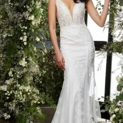 Jovani Bridal Jovani JB07385 Long Fitted Sheer V Neck Lace Wedding Dress Train Embroidered