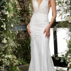 Jovani Bridal Jovani JB07385 Long Fitted Sheer V Neck Lace Wedding Dress Train Embroidered