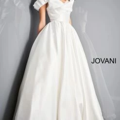 Jovani Bridal JB2500 Ivory Pleated A Line Ruffle Off The Shoulder Wedding Dress