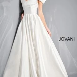 Jovani Bridal JB2500 Ivory Pleated A Line Ruffle Off The Shoulder Wedding Dress