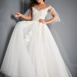 Ballgown Dresses Jovani Bridal JB67209 Long A Line Off The Shoulder Wedding Dress Sheer Sleeve Lace