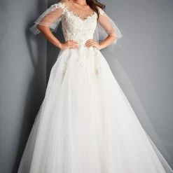 Ballgown Dresses Jovani Bridal JB67209 Long A Line Off The Shoulder Wedding Dress Sheer Sleeve Lace