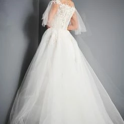 Ballgown Dresses Jovani Bridal JB67209 Long A Line Off The Shoulder Wedding Dress Sheer Sleeve Lace