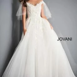 Ballgown Dresses Jovani Bridal JB67209 Long A Line Off The Shoulder Wedding Dress Sheer Sleeve Lace