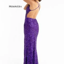 Primavera Couture 3295 Prom Dress V Neckline Sequins Backless Slit Formal Evening Gown Backless Dresses