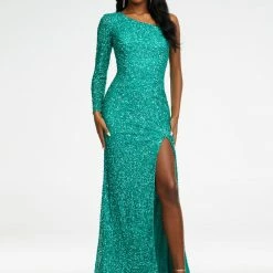 Ashleylauren Ashley Lauren 1977 Prom Dress One Sleeve Fully Beaded Long Pageant Dress With High Side Slit Sequin Dresses