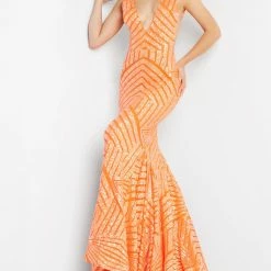 In Stock Mermaid Dresses Jovani 59762 Size 14 Bright Yellow Sequin Embellished Mermaid Prom Dress Pageant Gown Plunging Neckline