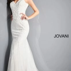 Jovani Bridal JB03909 White Spaghetti Strap Embellished Wedding Dress