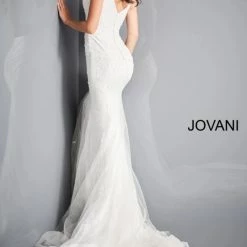 Jovani Bridal JB03909 White Spaghetti Strap Embellished Wedding Dress