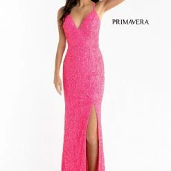 Primavera Couture 3295 Prom Dress V Neckline Sequins Backless Slit Formal Evening Gown Backless Dresses