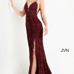 In Stock Jovani JVN00864 Light Blue Prom Dress Size 6 Long Fitted Lace Slit V Neckline