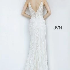 In Stock Jovani JVN00864 Size 20 Ivory Fitted Lace Wedding Dress Prom Dress Slit V Neckline