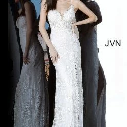 In Stock Jovani JVN00864 Size 20 Ivory Fitted Lace Wedding Dress Prom Dress Slit V Neckline