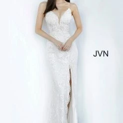 In Stock Jovani JVN00864 Light Blue Prom Dress Size 6 Long Fitted Lace Slit V Neckline