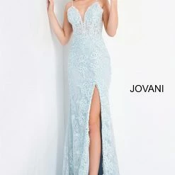 In Stock Jovani JVN00864 Light Blue Prom Dress Size 6 Long Fitted Lace Slit V Neckline
