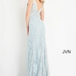 In Stock Jovani JVN00864 Light Blue Prom Dress Size 6 Long Fitted Lace Slit V Neckline