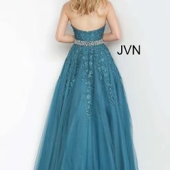 JVN By Jovani Ballgown Dresses Jovani JVN00923 Long Embellished Lace Ballgown Prom Dress Crystal Belt Halter Plunging
