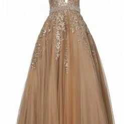 JVN By Jovani Ballgown Dresses Jovani JVN00923 Long Embellished Lace Ballgown Prom Dress Crystal Belt Halter Plunging