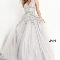 JVN By Jovani Ballgown Dresses Jovani JVN00923 Long Embellished Lace Ballgown Prom Dress Crystal Belt Halter Plunging