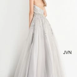JVN By Jovani Ballgown Dresses Jovani JVN00923 Long Embellished Lace Ballgown Prom Dress Crystal Belt Halter Plunging
