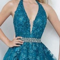 JVN By Jovani Ballgown Dresses Jovani JVN00923 Long Embellished Lace Ballgown Prom Dress Crystal Belt Halter Plunging