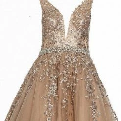 JVN By Jovani Jovani JVN00925 Embellished Lace Ball Gown Prom Dress Plunging Neckline