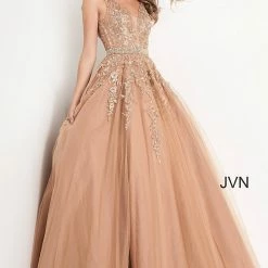 JVN By Jovani Jovani JVN00925 Embellished Lace Ball Gown Prom Dress Plunging Neckline