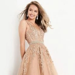 JVN By Jovani Jovani JVN00925 Embellished Lace Ball Gown Prom Dress Plunging Neckline