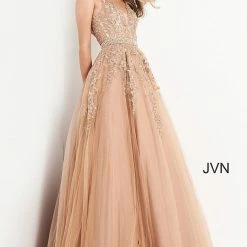 JVN By Jovani Jovani JVN00925 Embellished Lace Ball Gown Prom Dress Plunging Neckline