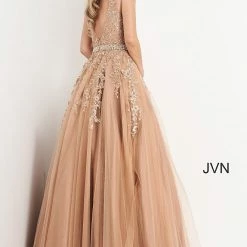 JVN By Jovani Jovani JVN00925 Embellished Lace Ball Gown Prom Dress Plunging Neckline