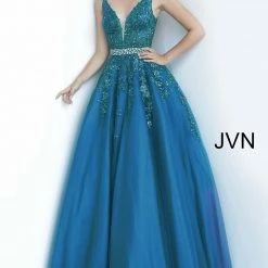 JVN By Jovani Jovani JVN00925 Embellished Lace Ball Gown Prom Dress Plunging Neckline