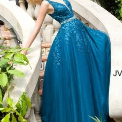 JVN By Jovani Jovani JVN00925 Embellished Lace Ball Gown Prom Dress Plunging Neckline