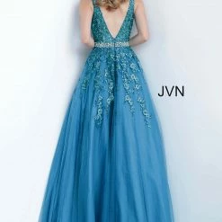 JVN By Jovani Jovani JVN00925 Embellished Lace Ball Gown Prom Dress Plunging Neckline