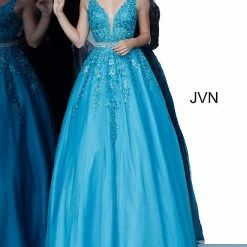 JVN By Jovani Jovani JVN00925 Embellished Lace Ball Gown Prom Dress Plunging Neckline