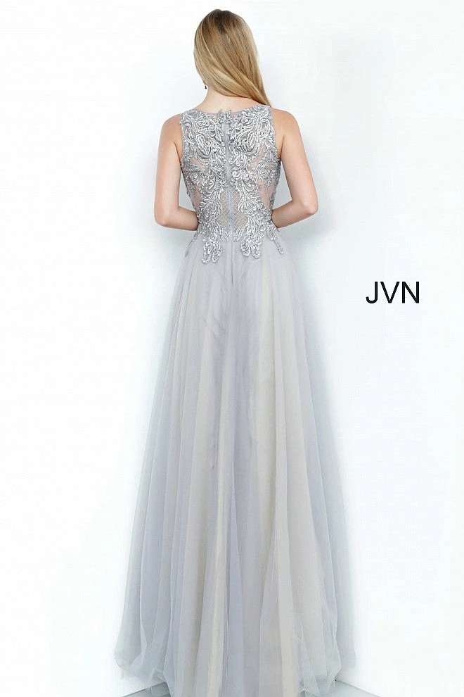 Discontinued Jovani JVN00942 Long Sheer Embroidered Tulle Ball Gown Prom Dress Plunging Neckline 6 Discontinued Jovani JVN00942 Long Sheer Embroidered Tulle Ball Gown Prom Dress Plunging Neckline