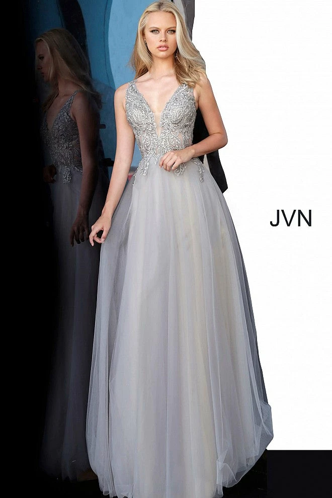 Discontinued Jovani JVN00942 Long Sheer Embroidered Tulle Ball Gown Prom Dress Plunging Neckline 5 Discontinued Jovani JVN00942 Long Sheer Embroidered Tulle Ball Gown Prom Dress Plunging Neckline