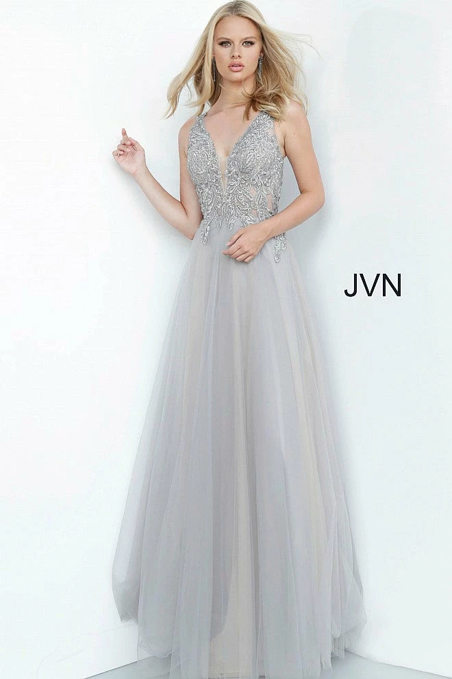 Discontinued Jovani JVN00942 Long Sheer Embroidered Tulle Ball Gown Prom Dress Plunging Neckline 4 Discontinued Jovani JVN00942 Long Sheer Embroidered Tulle Ball Gown Prom Dress Plunging Neckline