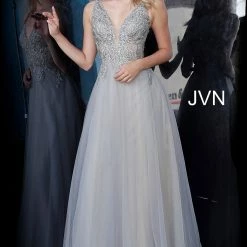 Discontinued Jovani JVN00942 Long Sheer Embroidered Tulle Ball Gown Prom Dress Plunging Neckline