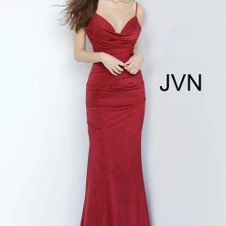 In Stock Jovani JVN00967 Size 6 Burgundy Fitted Shimmer Long Prom Dress Ruched