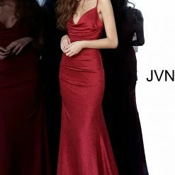 In Stock Jovani JVN00967 Size 6 Burgundy Fitted Shimmer Long Prom Dress Ruched