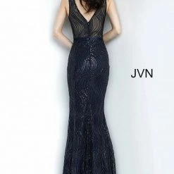 Discontinued Jovani JVN01012 Navy High Slit Plunging Neckline Prom Dress Evening Gown