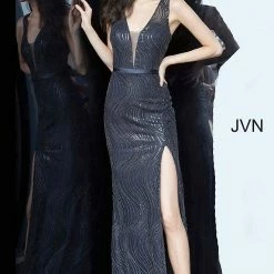 Discontinued Jovani JVN01012 Navy High Slit Plunging Neckline Prom Dress Evening Gown