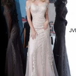 Discontinued Jovani JVN02011 Long Off The Shoulder Prom Dress Embellished Embroidery Gown Fringe & Tassels