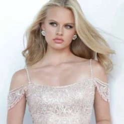 Discontinued Jovani JVN02011 Long Off The Shoulder Prom Dress Embellished Embroidery Gown Fringe & Tassels