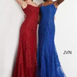 JVN By Jovani Jovani JVN02012 Long Fitted Lace Corset Tulle Prom Dress Formal Evening Gown