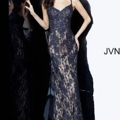 In Stock Long Sleeve Dresses Jovani JVN 02013 Long Size 14 Orange/Red Fitted Lace Prom Dress Evening Gown